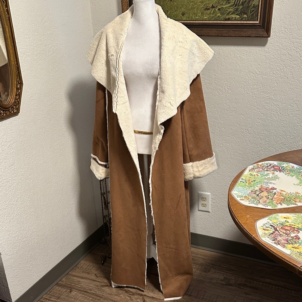 Long Tan and Cream Faux Shearling Coat